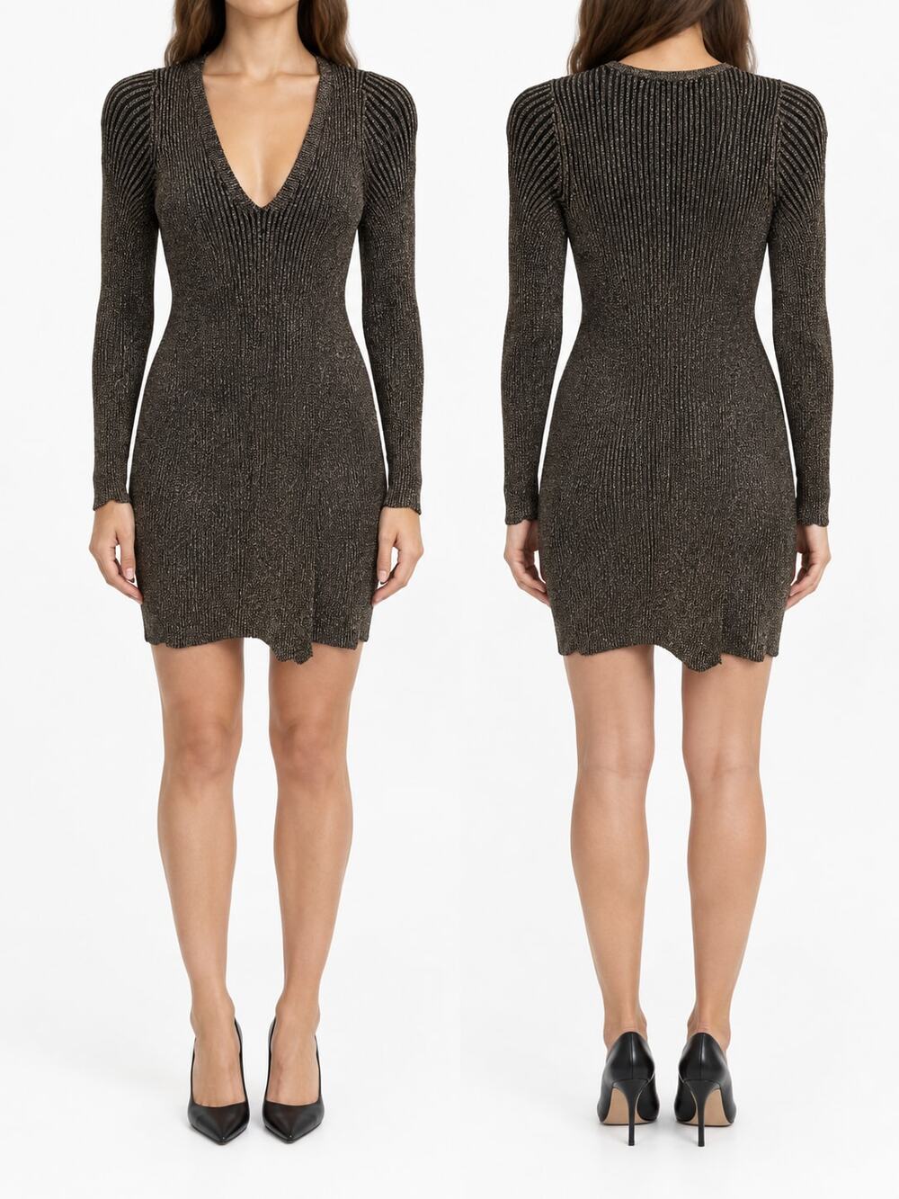 BCBGMAXAZRIA Mackie Black Bronze Metallic Rib Knit V-Neck Mini Dress Size XXS
